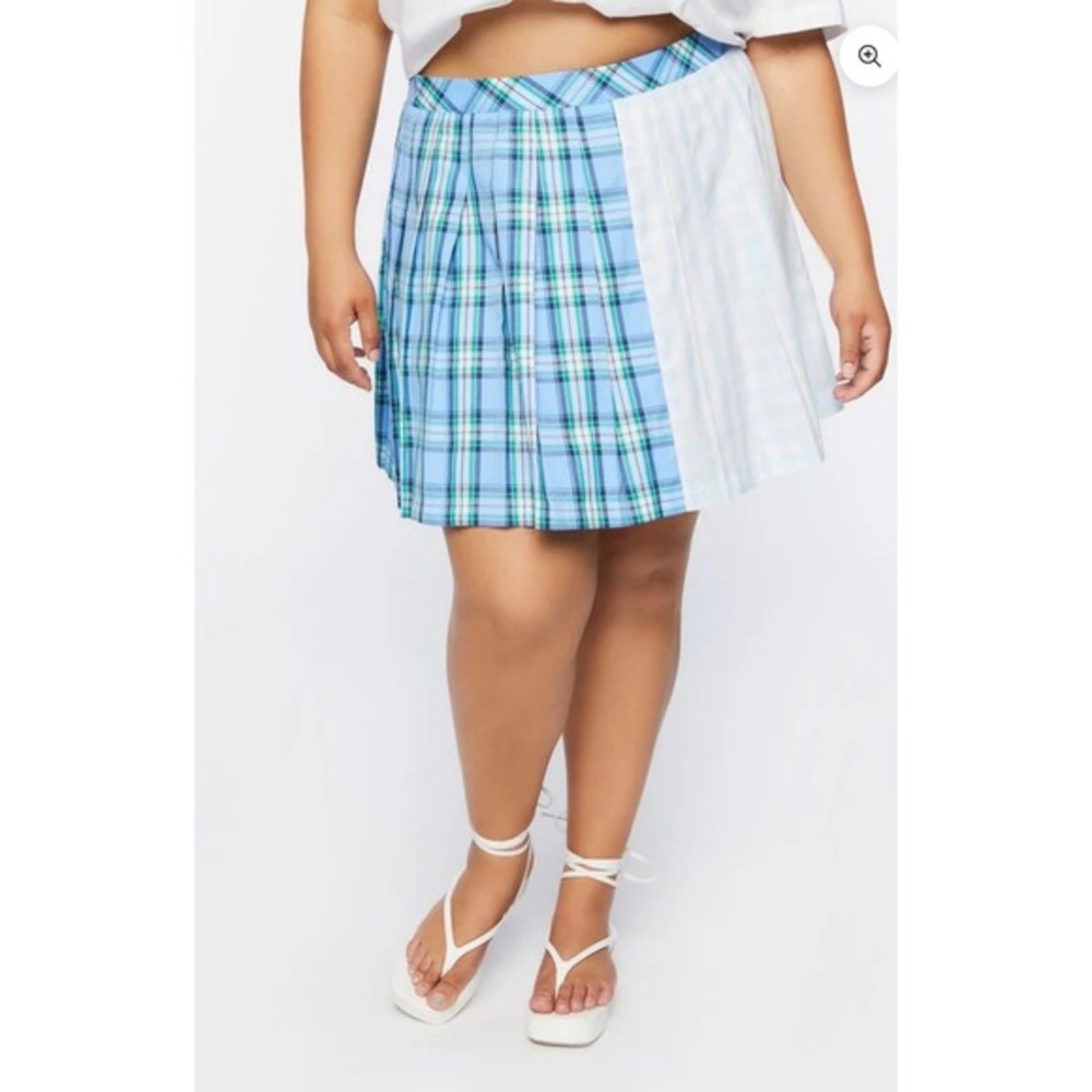 Forever 21 Blue Green Plaid‎ Gingham Colorblock Pleated Mini Skirt Plus Size 0X